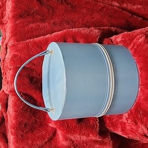 Vintage Hat Wig Box Vinyl Case Cylinder Zippered Handle Travel Train Blue 10"